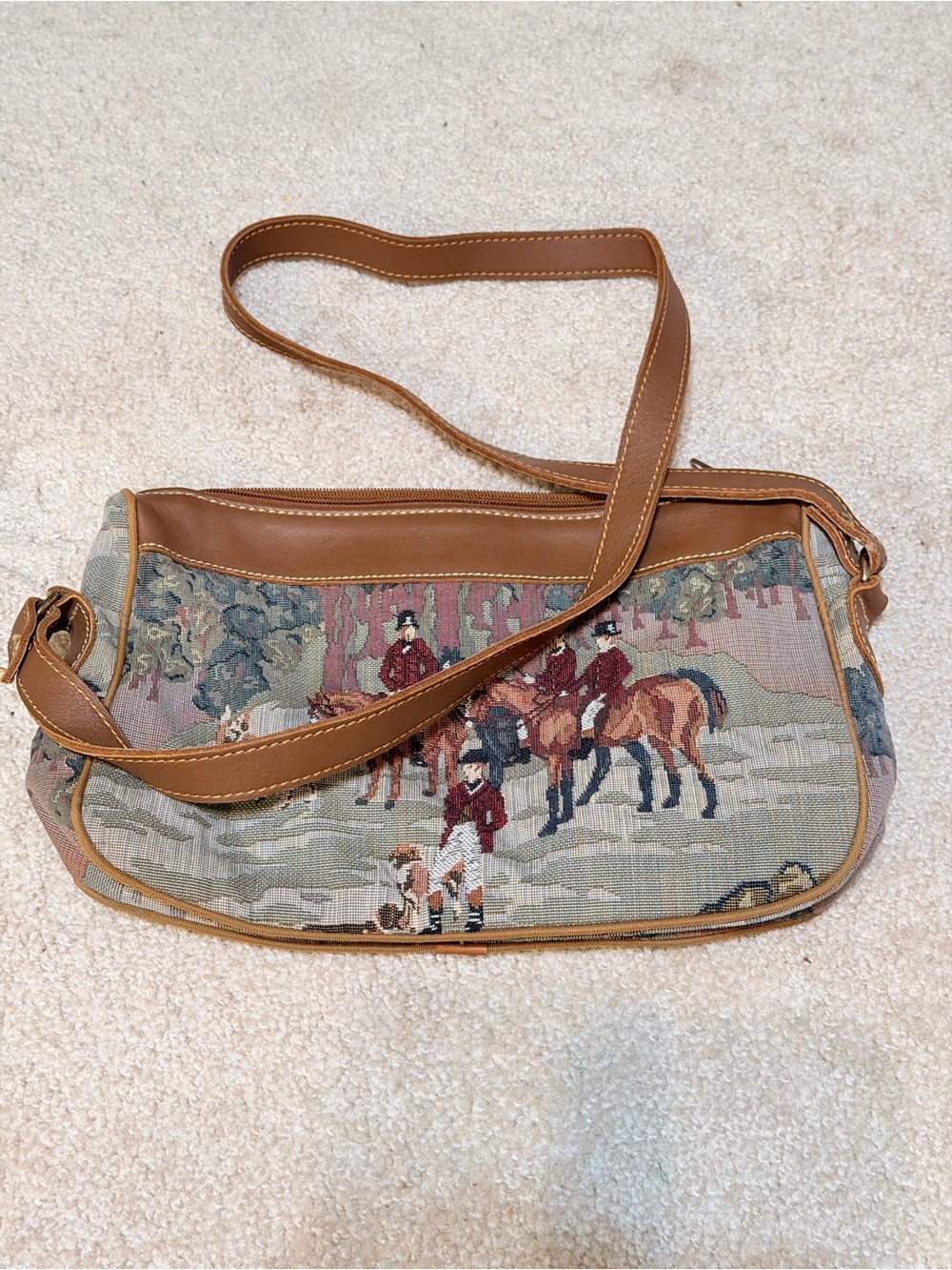 Vintage Orvis Equestrian Tapestry Crossbody Bag Horse Hunt Leather Trim - Picture 5 of 8